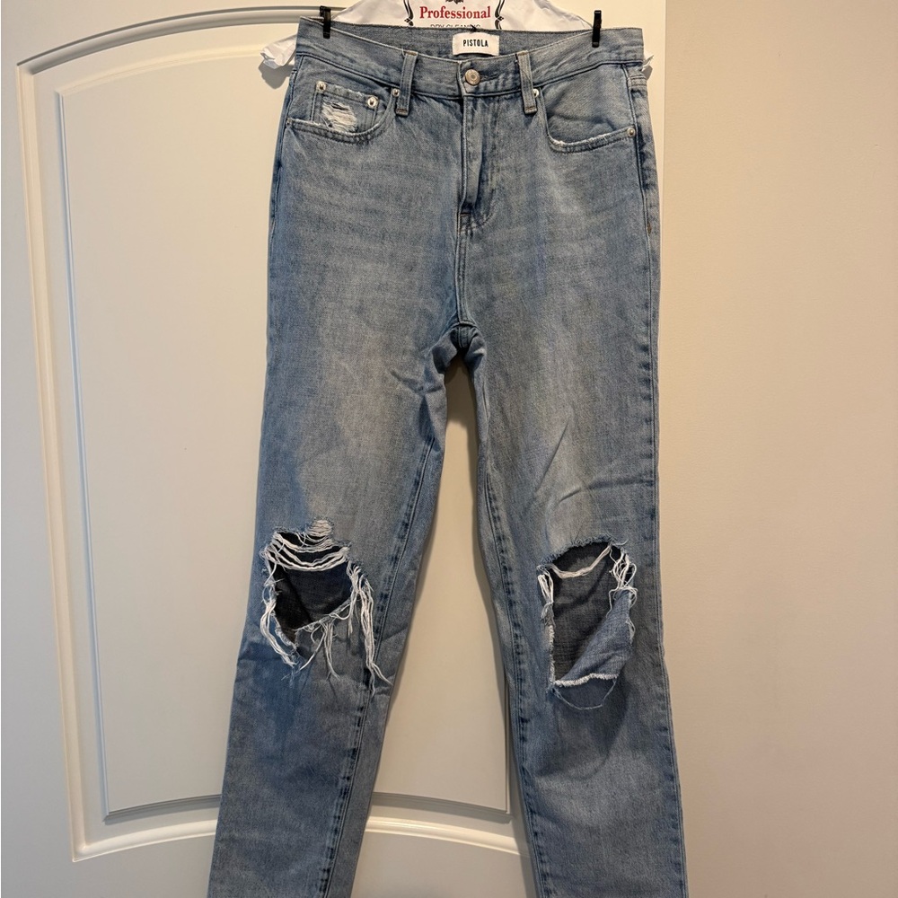 Pistola Light Blue Distressed Straight Boyfriend Jeans